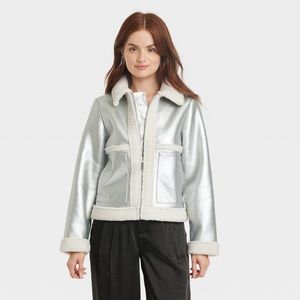 🧡 Metallic Shearling Moto Jacket A New Day Target Silver
